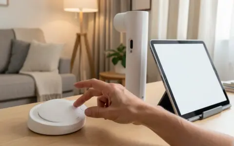 Adult hand using an accessible home control beside a tablet stand