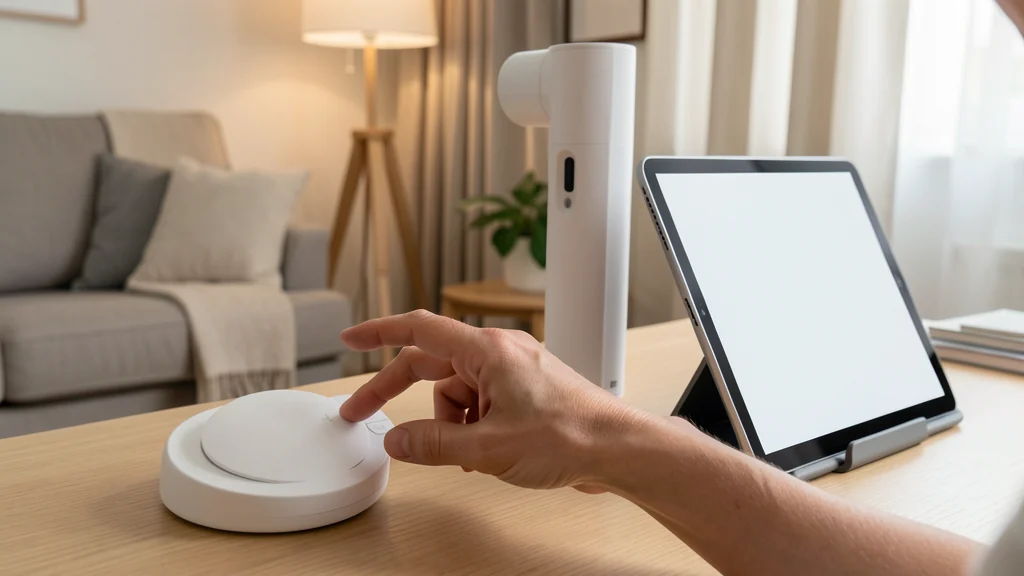 Adult hand using an accessible home control beside a tablet stand