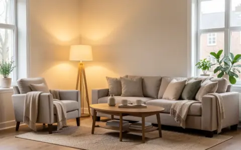 Living room with daylight and one lit floor lamp beside neutral seating