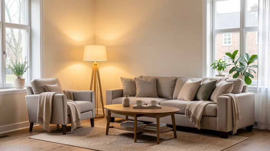 Living room with daylight and one lit floor lamp beside neutral seating