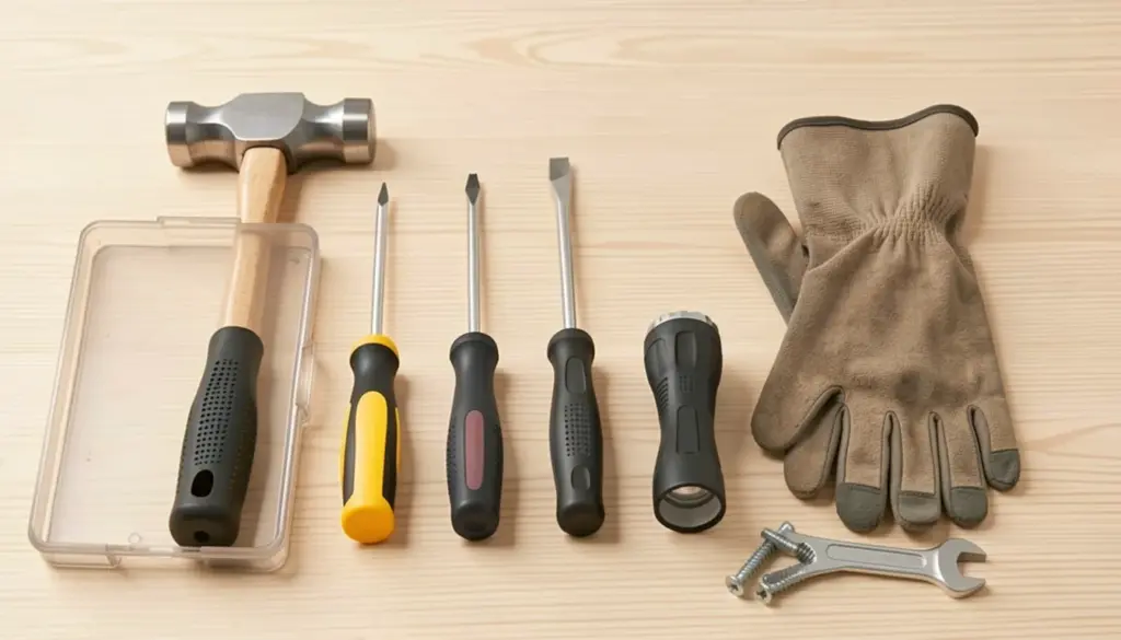 Plain hand tools and work gloves arranged on a wooden surface
