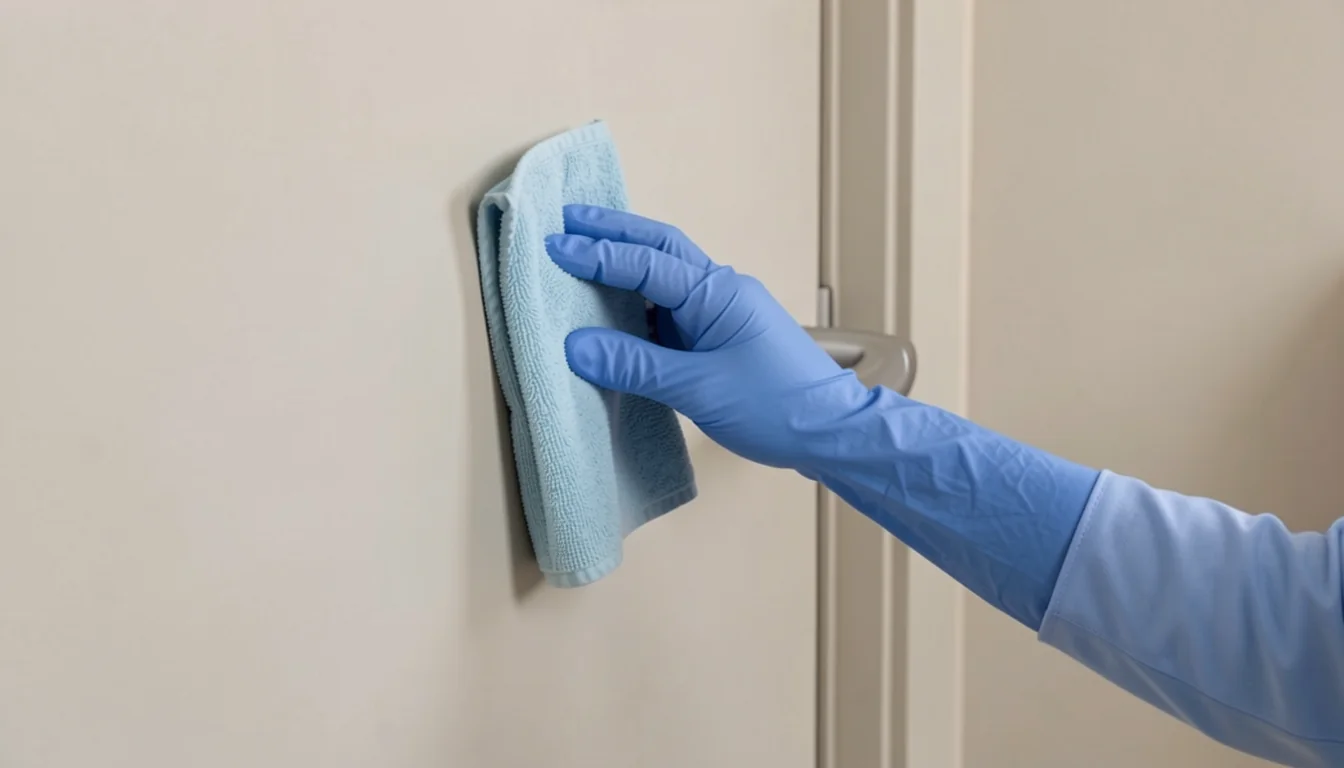 Gloved hand wiping the door surface beside a lever handle with a microfiber cloth
