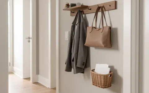 Entryway with wall hooks, bags, outerwear, and a basket for incoming items