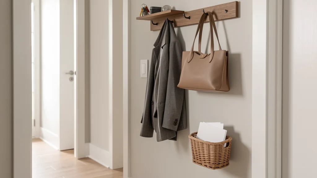 Entryway with wall hooks, bags, outerwear, and a basket for incoming items