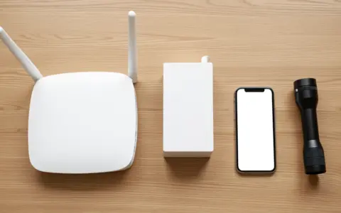 Router, backup battery, phone, and flashlight arranged on a desk