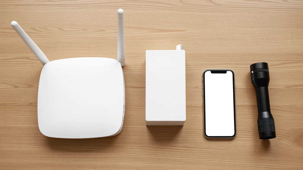 Router, backup battery, phone, and flashlight arranged on a desk