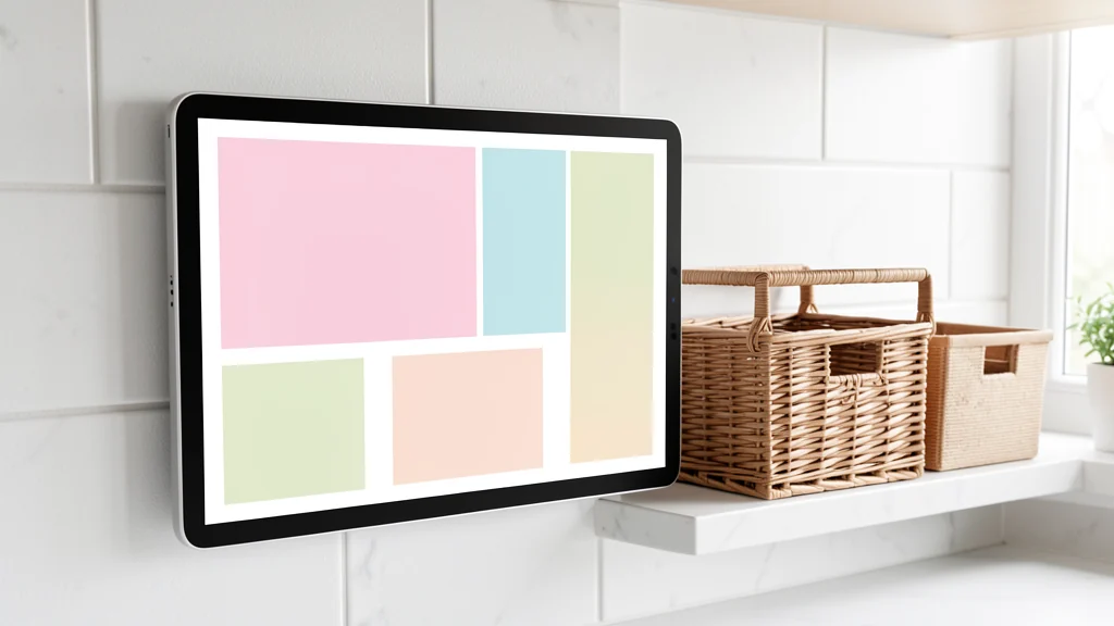 Wall-mounted household tablet with simple color panels beside storage baskets