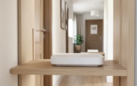 Wireless router placed openly on a hallway desk for central coverage