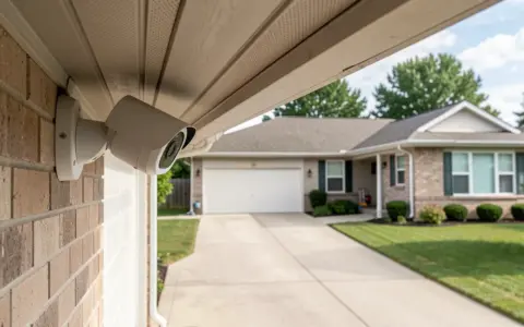 Security camera under a private home's eave facing the driveway