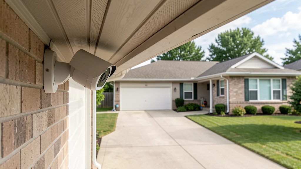 Security camera under a private home's eave facing the driveway