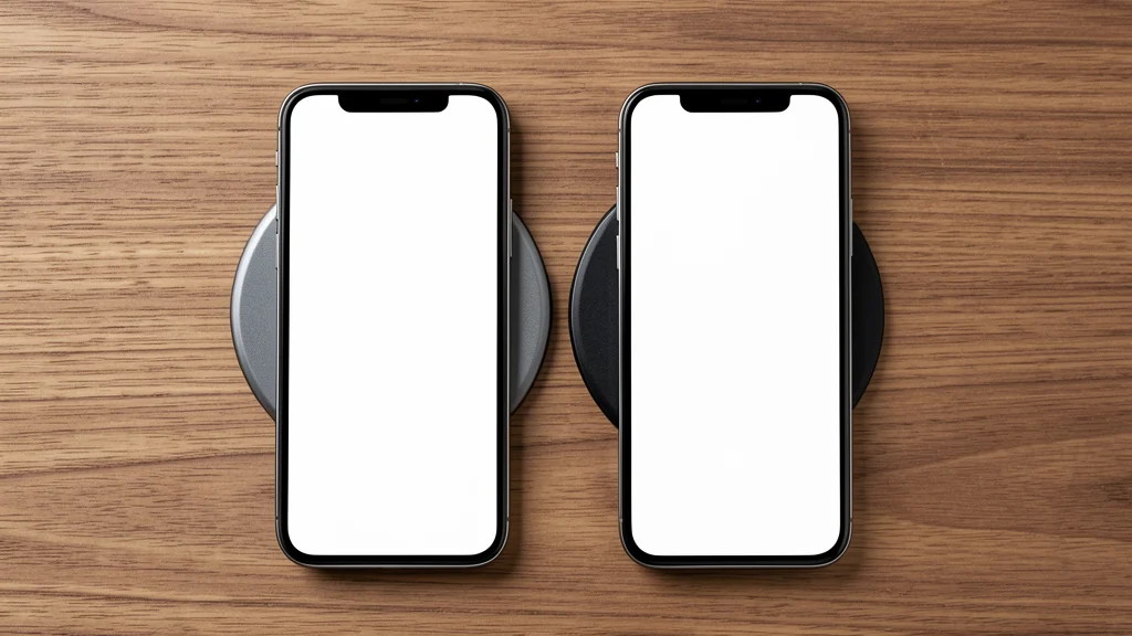 Two mobile devices arranged on separate wireless charging pads