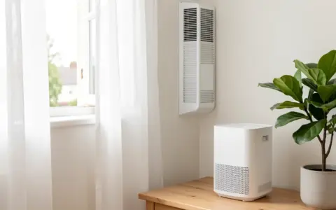 Bright room with an open window, a plain air purifier, and a houseplant