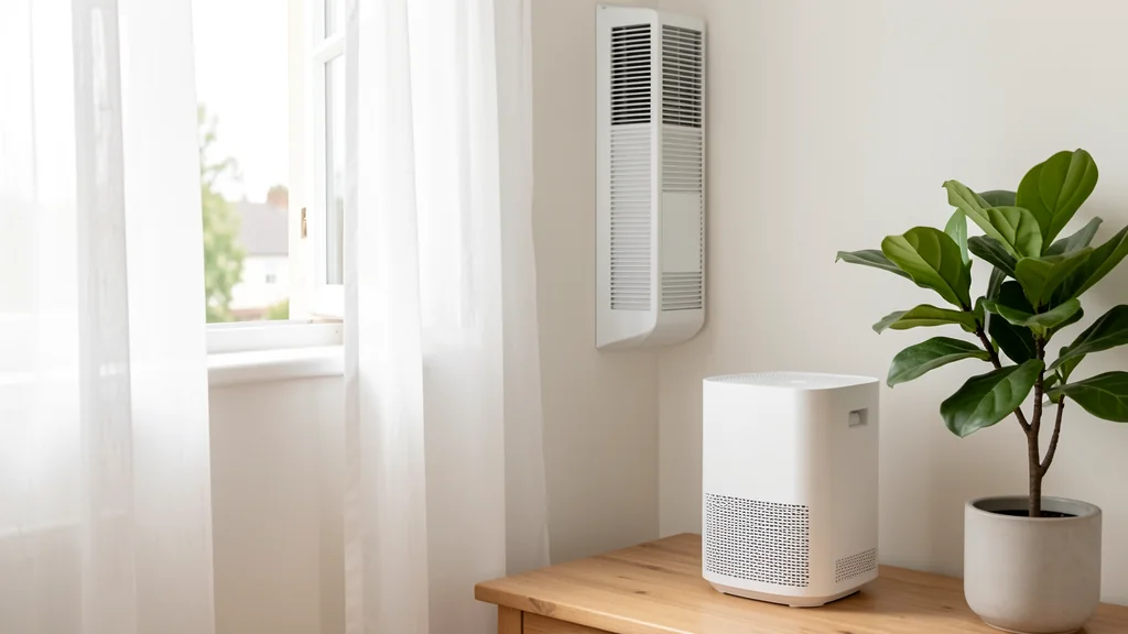 Bright room with an open window, a plain air purifier, and a houseplant