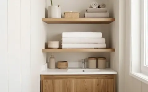 Compact bathroom storage with folded towels and plain containers