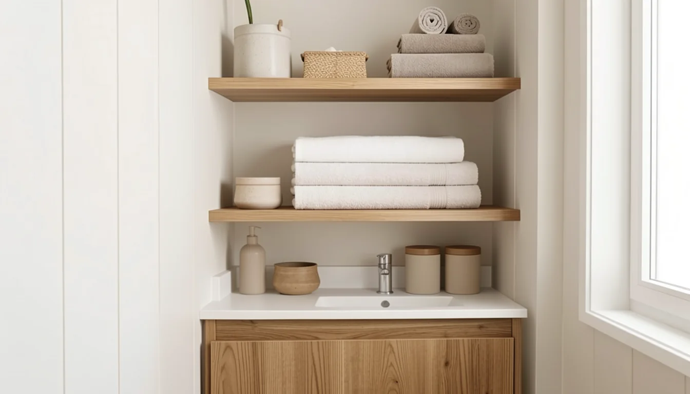 Compact bathroom storage with folded towels and plain containers