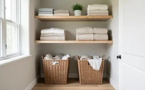Laundry area with open shelves, folded linens, and sorting baskets
