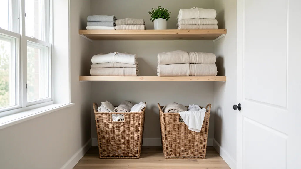Laundry area with open shelves, folded linens, and sorting baskets