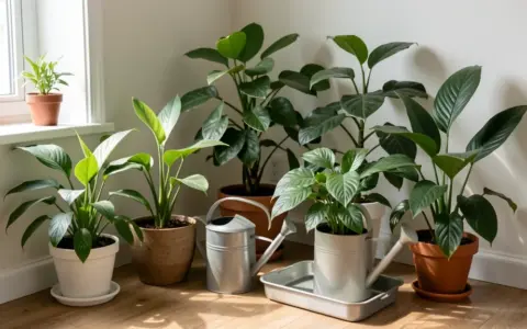Indoor plants grouped near a bright window with a plain watering can
