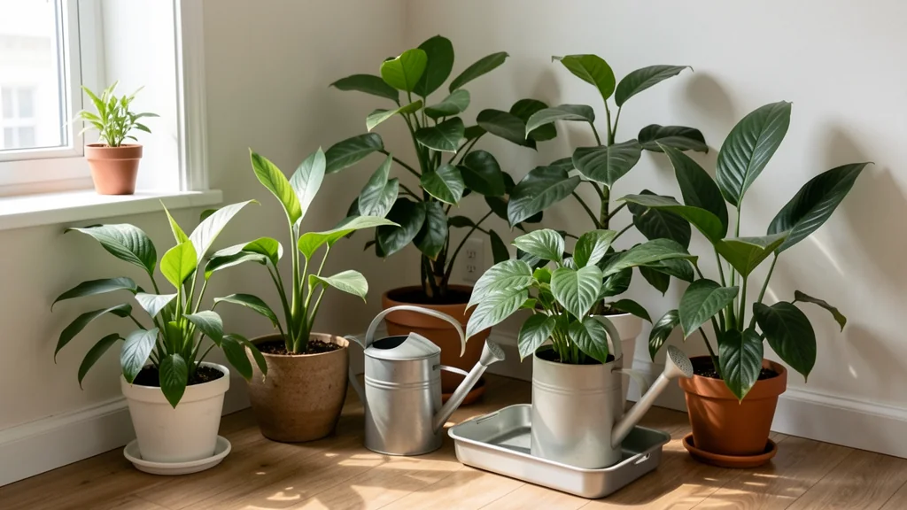 Indoor plants grouped near a bright window with a plain watering can