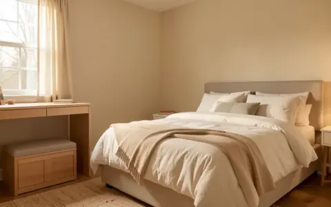 Guest bedroom arranged with a bed, desk, and storage bench