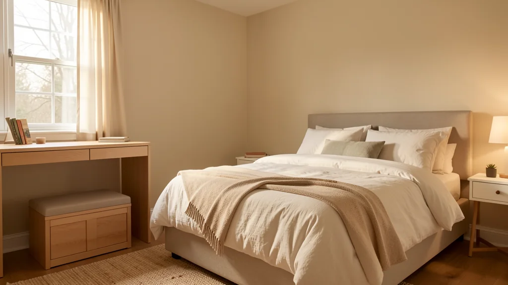 Guest bedroom arranged with a bed, desk, and storage bench