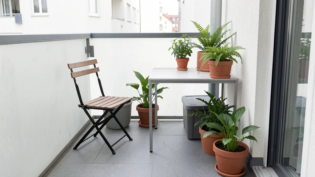 Small balcony with a folding chair, narrow table, and potted plants