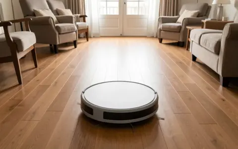 Robot vacuum following a clear path across a living room floor