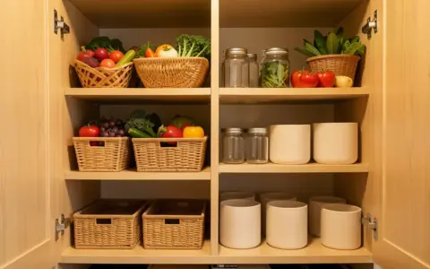 Pantry shelves organized with produce, baskets, and plain containers