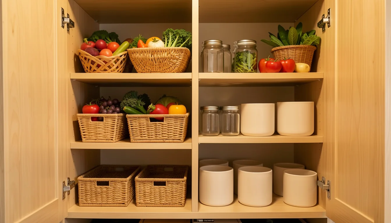 Pantry shelves organized with produce, baskets, and plain containers