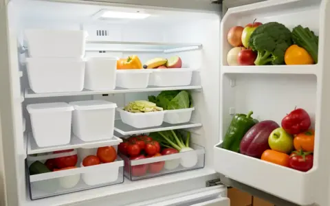 Open refrigerator organized with fresh produce and plain food containers