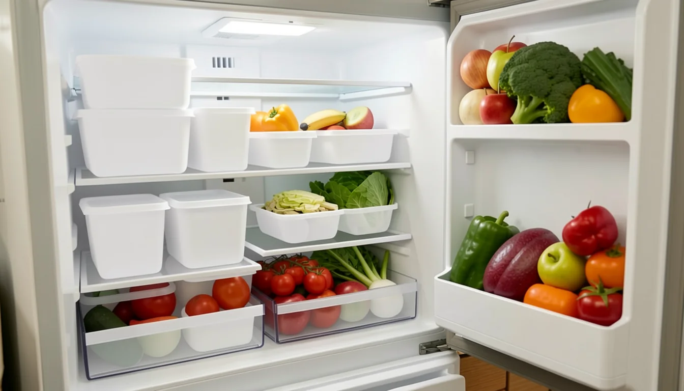 Open refrigerator organized with fresh produce and plain food containers