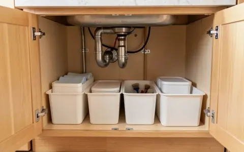 Under-sink cabinet with visible plumbing and plain storage bins