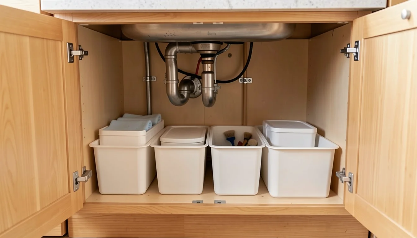 Under-sink cabinet with visible plumbing and plain storage bins