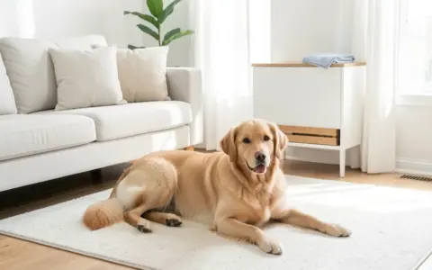 Dog resting in a clean living room beside a plain rug