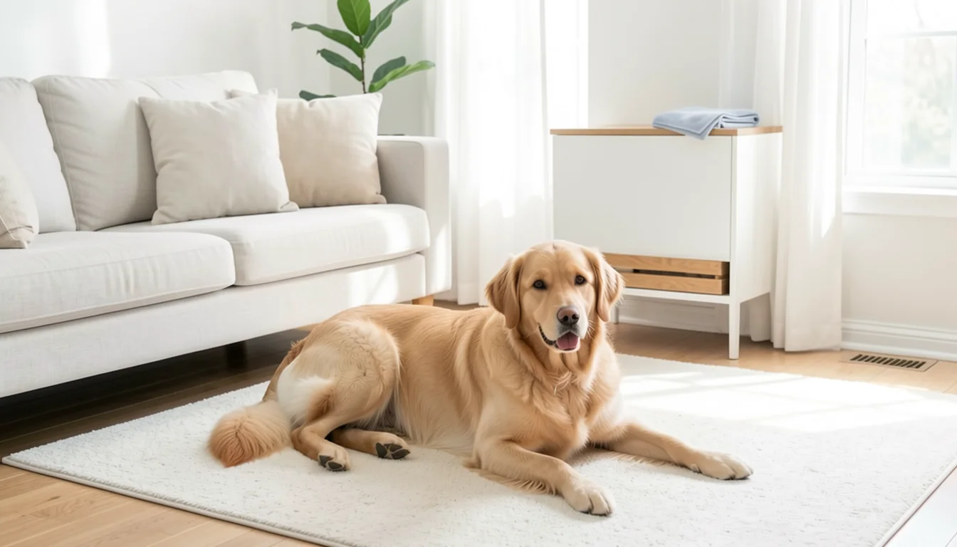 Dog resting in a clean living room beside a plain rug