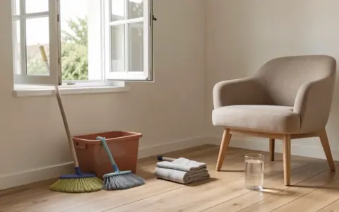 Cleaning tools arranged in a bright room with a chair and open window