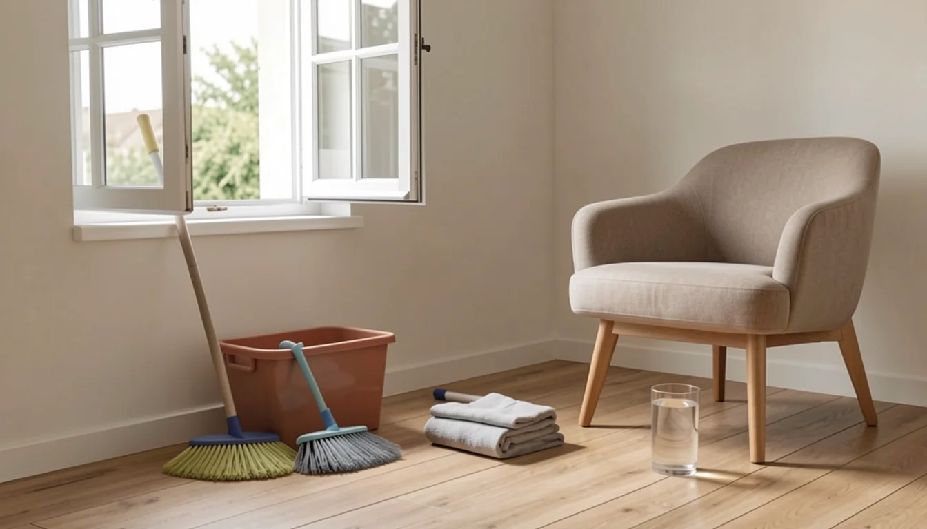 Cleaning tools arranged in a bright room with a chair and open window