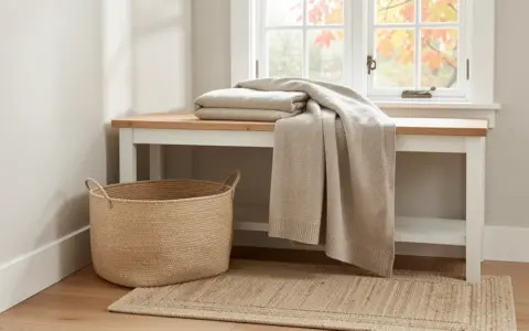 Entry bench with a folded throw, storage basket, and seasonal leaves outside