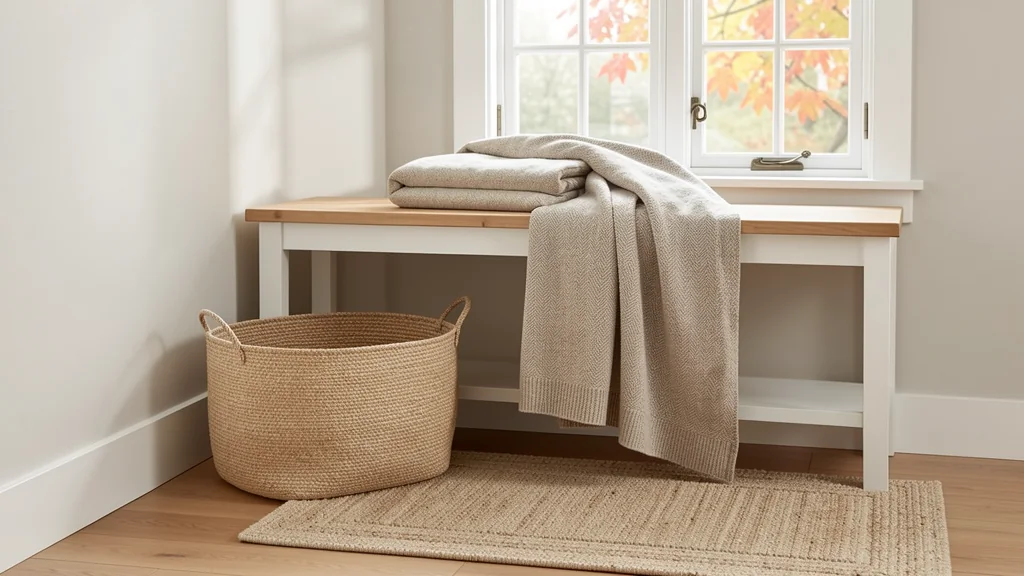 Entry bench with a folded throw, storage basket, and seasonal leaves outside
