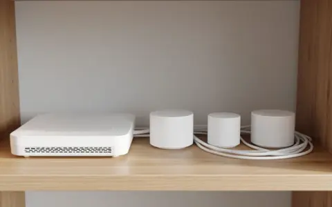Router and smart home hubs arranged on an open shelf