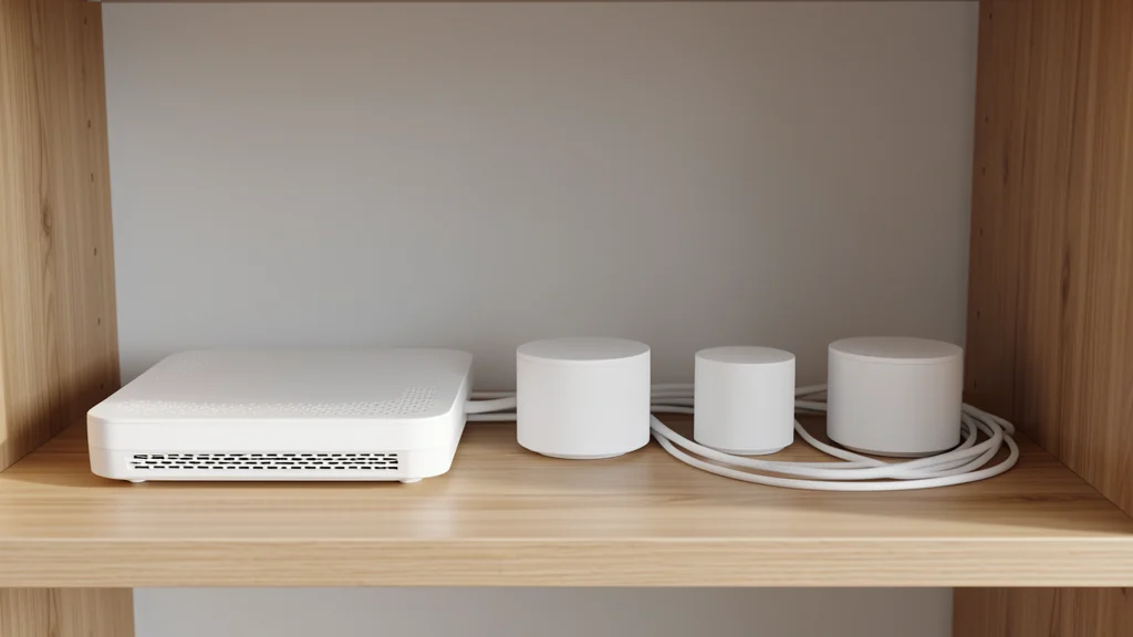 Router and smart home hubs arranged on an open shelf