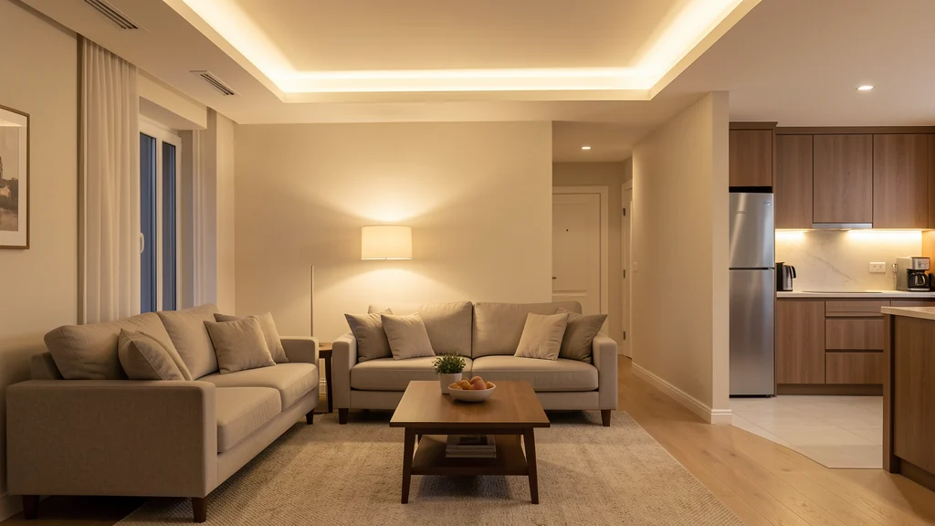 Living room with layered ceiling and floor lighting