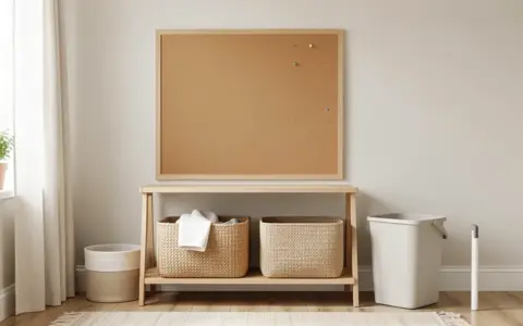 Household command area with a blank cork board and storage baskets