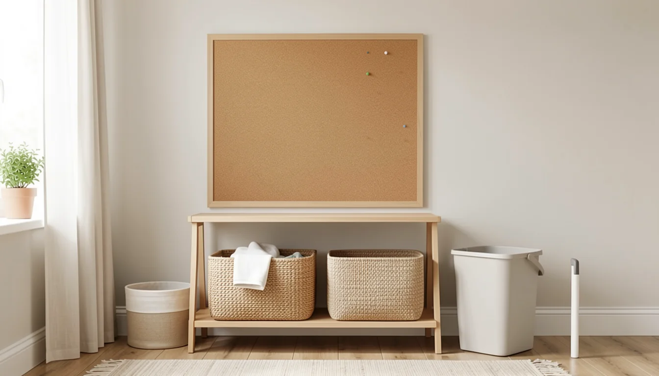 Household command area with a blank cork board and storage baskets