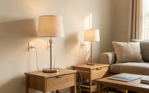 Living room lamps connected through smart plugs beside two end tables