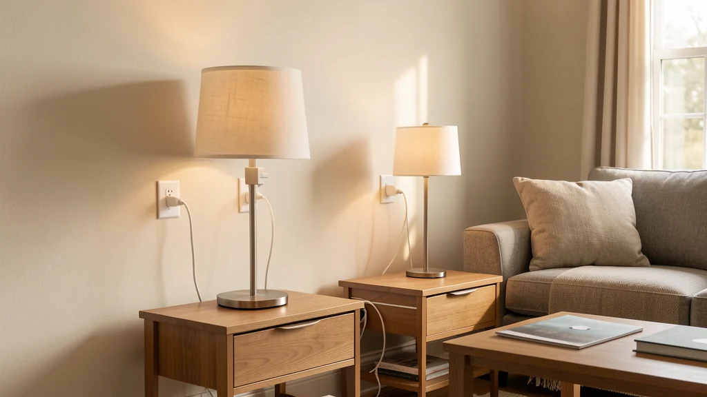 Living room lamps connected through smart plugs beside two end tables