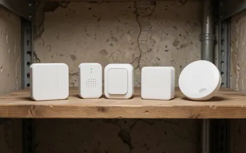Several compact home maintenance sensors arranged on a utility shelf