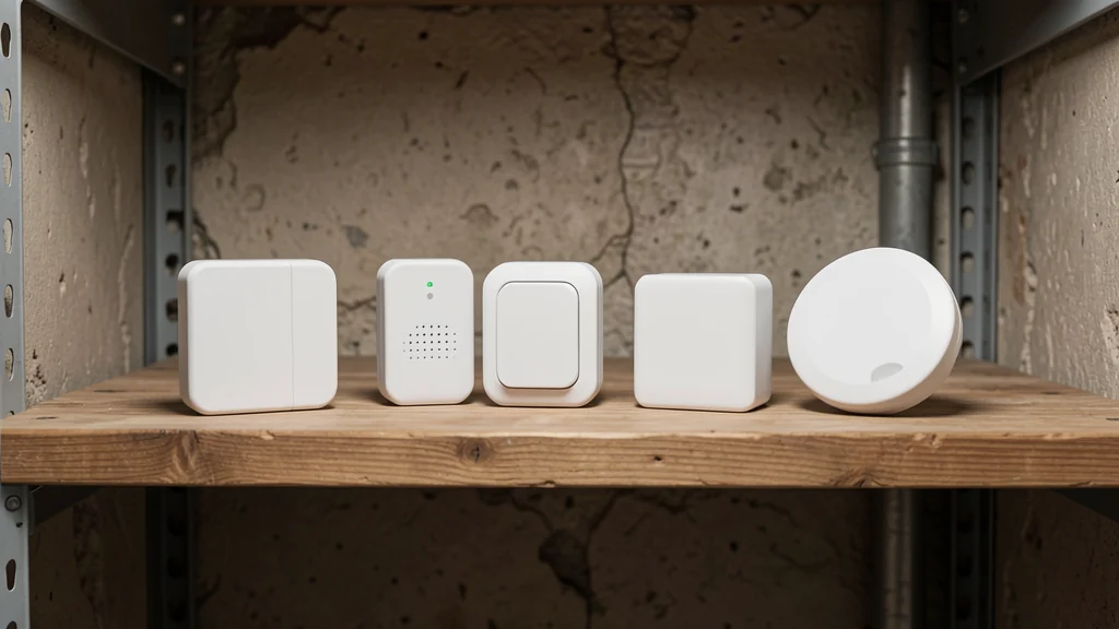 Several compact home maintenance sensors arranged on a utility shelf