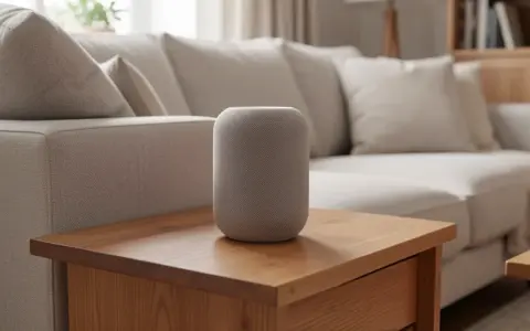 Compact smart speaker on a living room coffee table