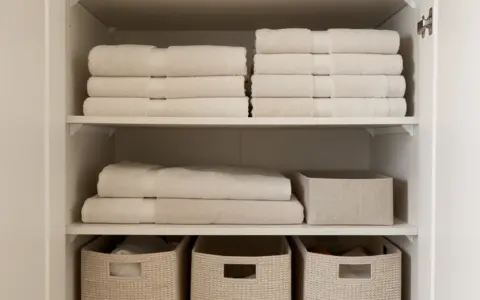 Compact closet shelves holding folded towels and linen baskets